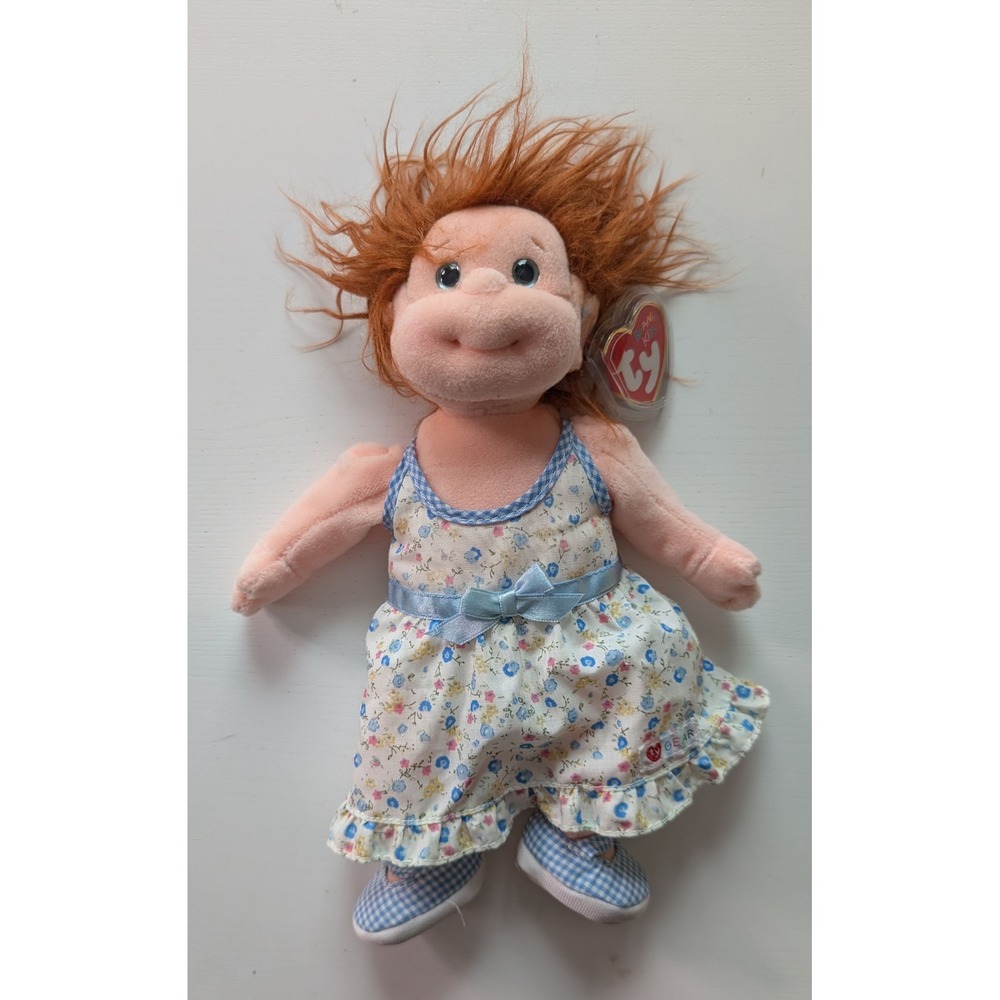 Ty Beanie Kids Ginger Plush Doll Red Hair Floral Dress Blue Gingham Shoes